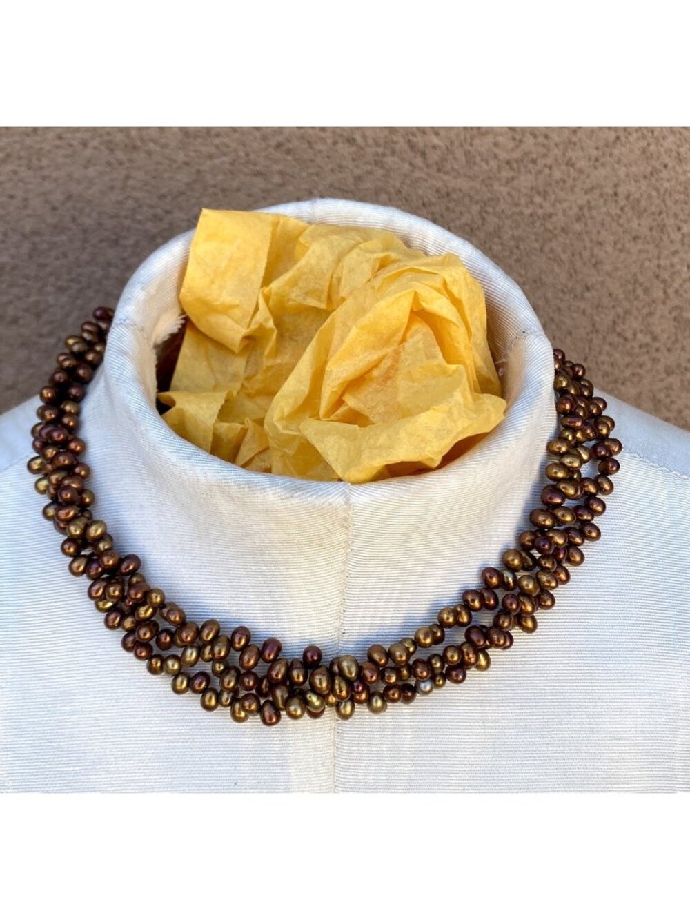 3 Strand Bronze Pearl Necklace Sterling Cones 17.25” Autumn Colors